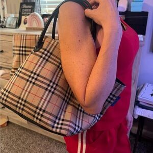 Classic Plaid Tote Bag with Black Handles - Beige/Red/Black
